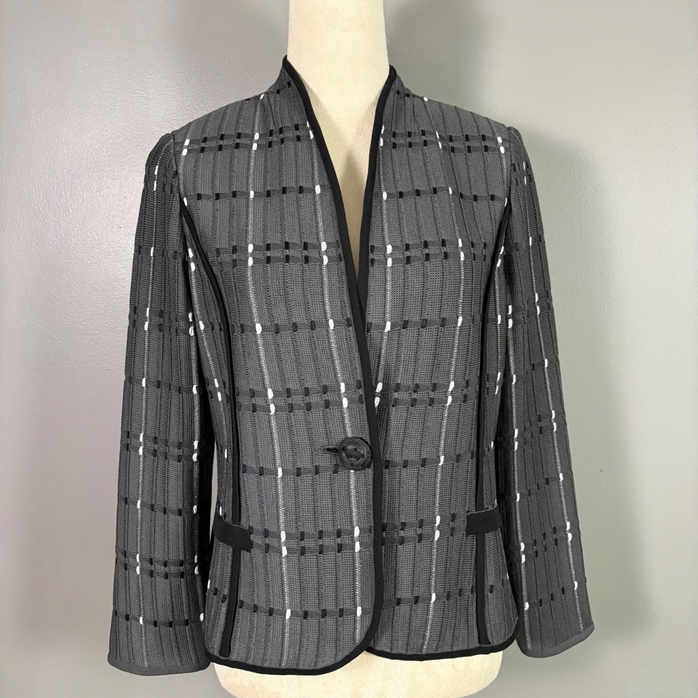 Ming Wang Knit Blazer Jacket Petite Small Plaid Office Comfort Professional Chic